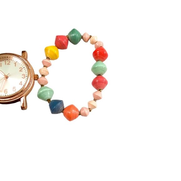 Gold Fashion Faux Leather Watch with 31 Bits Handmade Beaded Bracelet - Picture 2 of 5